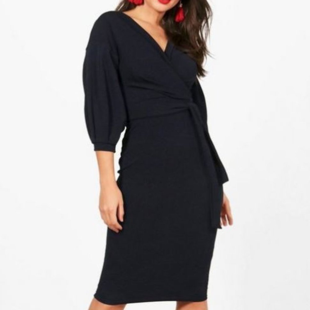 Off The Shoulder Wrap Midi Bodycon Dress - NAVY